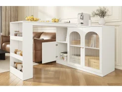 Mesa de bar giratoria de 360° (120×40×97 cm), mueble multifuncional con puerta de cristal, color blanco, diseño moderno y limpio.