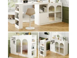 Mesa de bar giratoria de 360° (120×40×97 cm), mueble multifuncional con puerta de cristal, color blanco, diseño moderno y limpio.