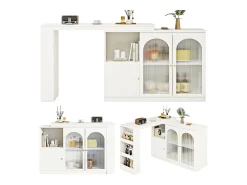 Mesa de bar giratoria de 360° (120×40×97 cm), mueble multifuncional con puerta de cristal, color blanco, diseño moderno y limpio.