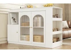Mesa de bar giratoria de 360° (120×40×97 cm), mueble multifuncional con puerta de cristal, color blanco, diseño moderno y limpio.