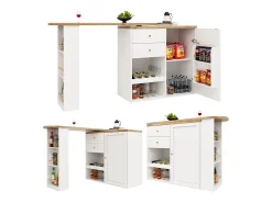 Mesa de bar giratoria de 360° con 2 cajones y 3 estantes abiertos, MDF, blanco y negro (105 x 39 x 102 cm)
