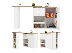 Mesa de bar giratoria de 360° con 2 cajones y 3 estantes abiertos, MDF, blanco y negro (105 x 39 x 102 cm)