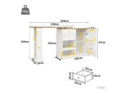 Mesa de bar giratoria de 360° con 2 cajones y 3 estantes abiertos, MDF, blanco y negro (105 x 39 x 102 cm)