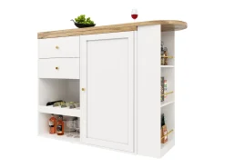 Mesa de bar giratoria de 360° con 2 cajones y 3 estantes abiertos, MDF, blanco y negro (105 x 39 x 102 cm)