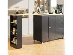 Mesa de bar giratoria móvil 2 puertas y 3 cajones Isla de cocina con tablero extensible (135-203)x39x106 cm - negro