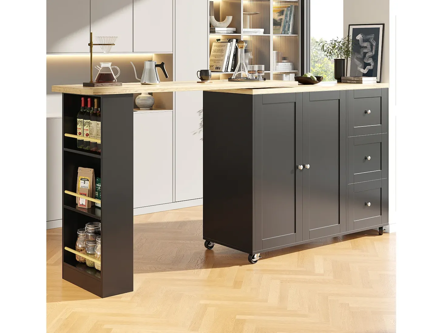 Mesa de bar giratoria móvil 2 puertas y 3 cajones Isla de cocina con tablero extensible (135-203)x39x106 cm - negro