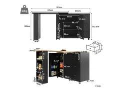 Mesa de bar giratoria móvil 2 puertas y 3 cajones Isla de cocina con tablero extensible (135-203)x39x106 cm - negro