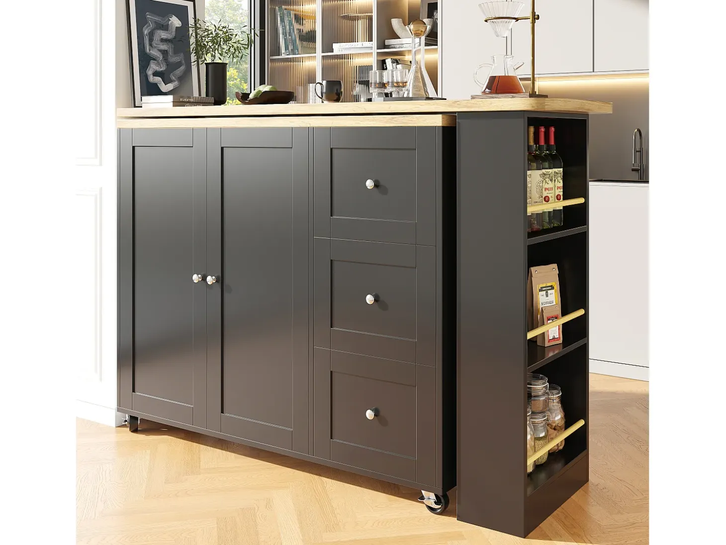 Mesa de bar giratoria móvil 2 puertas y 3 cajones Isla de cocina con tablero extensible (135-203)x39x106 cm - negro