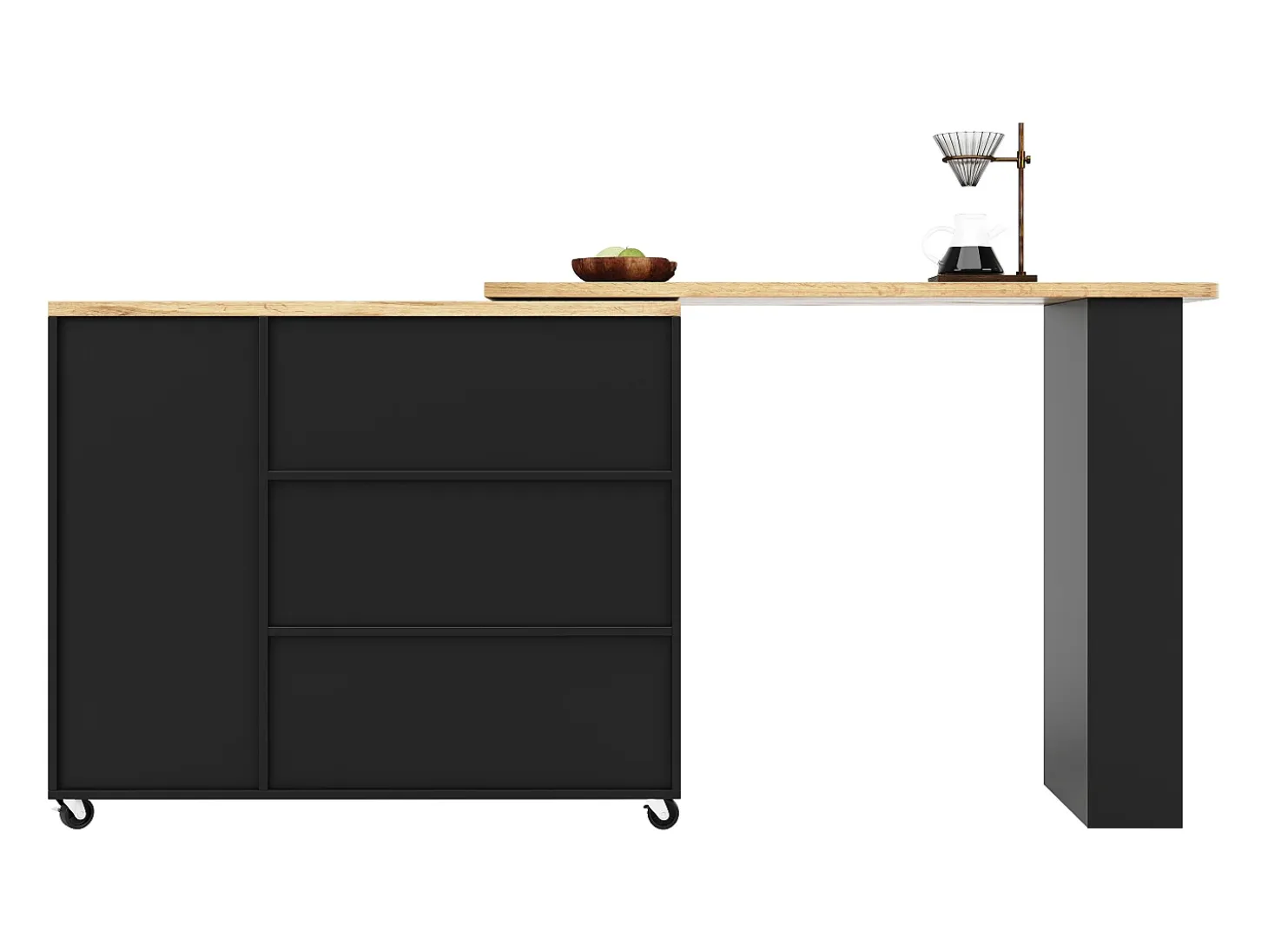 Mesa de bar giratoria móvil 2 puertas y 3 cajones Isla de cocina con tablero extensible (135-203)x39x106 cm - negro
