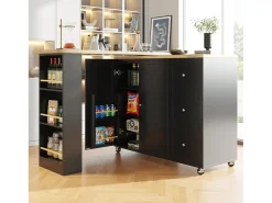 Mesa de bar giratoria móvil 2 puertas y 3 cajones Isla de cocina con tablero extensible (135-203)x39x106 cm - negro