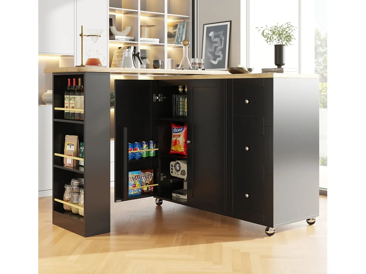 Mesa de bar giratoria móvil 2 puertas y 3 cajones Isla de cocina con tablero extensible (135-203)x39x106 cm - negro