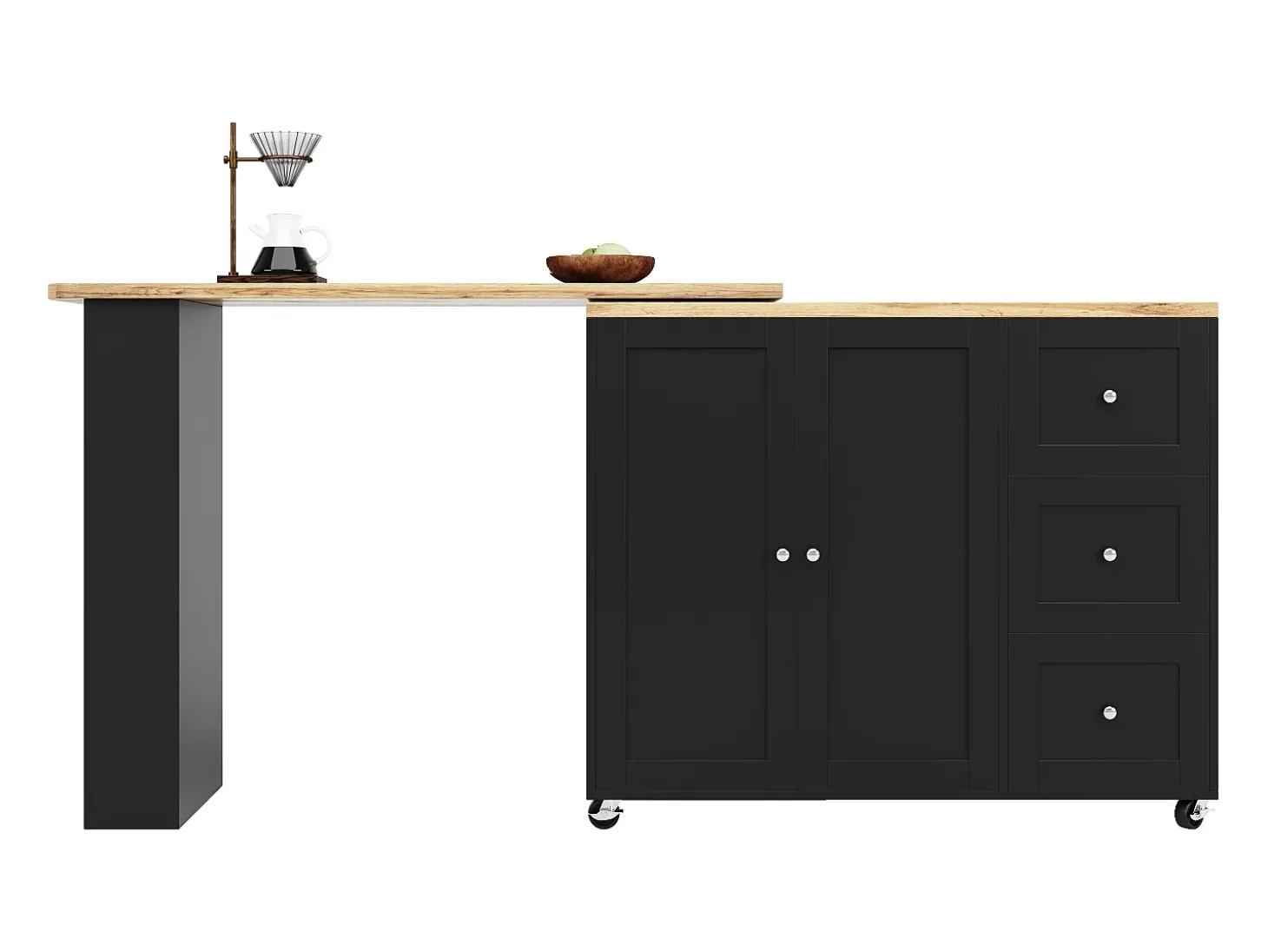 Mesa de bar giratoria móvil 2 puertas y 3 cajones Isla de cocina con tablero extensible (135-203)x39x106 cm - negro