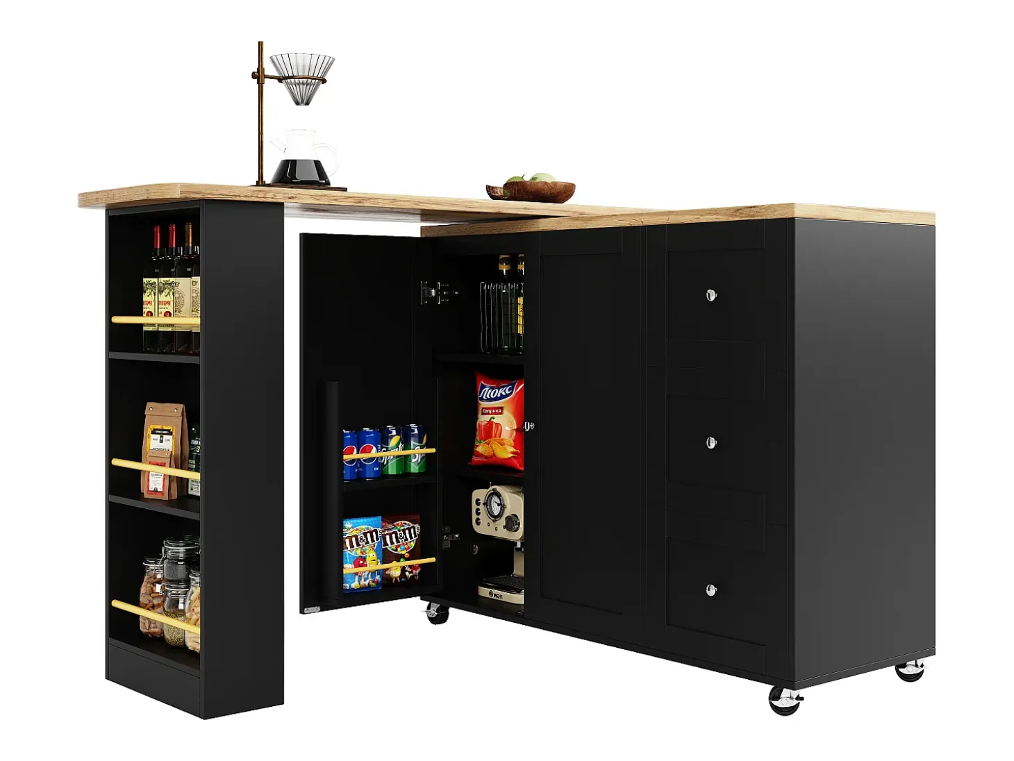 Mesa de bar giratoria móvil 2 puertas y 3 cajones Isla de cocina con tablero extensible (135-203)x39x106 cm - negro