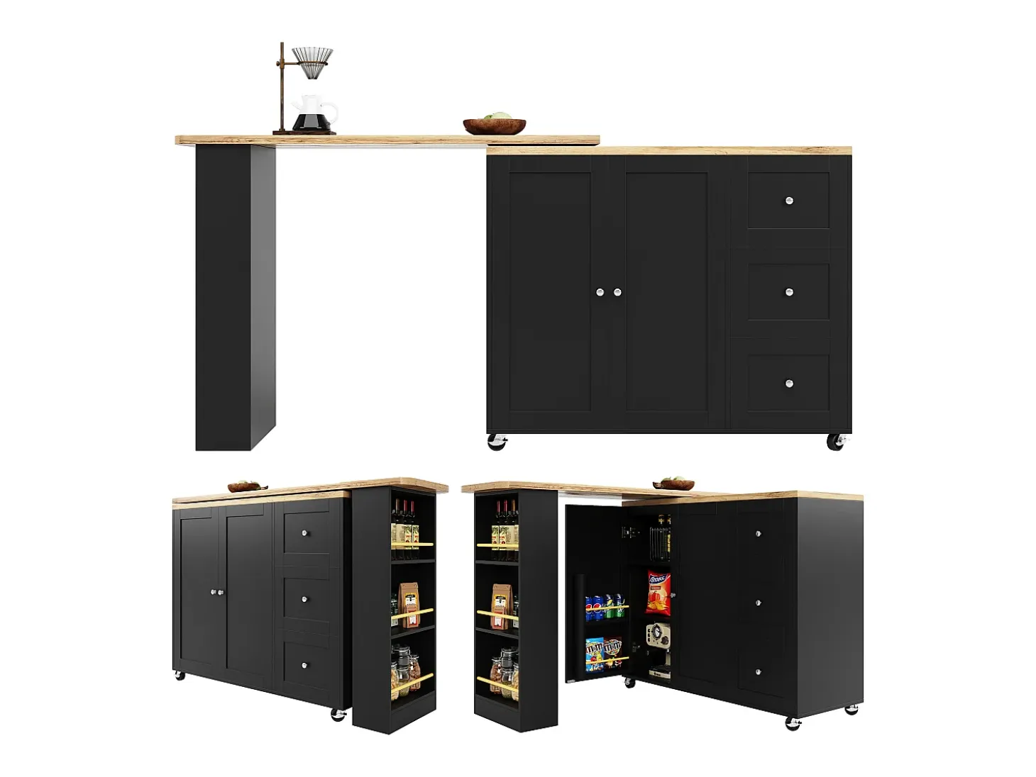 Mesa de bar giratoria móvil 2 puertas y 3 cajones Isla de cocina con tablero extensible (135-203)x39x106 cm - negro