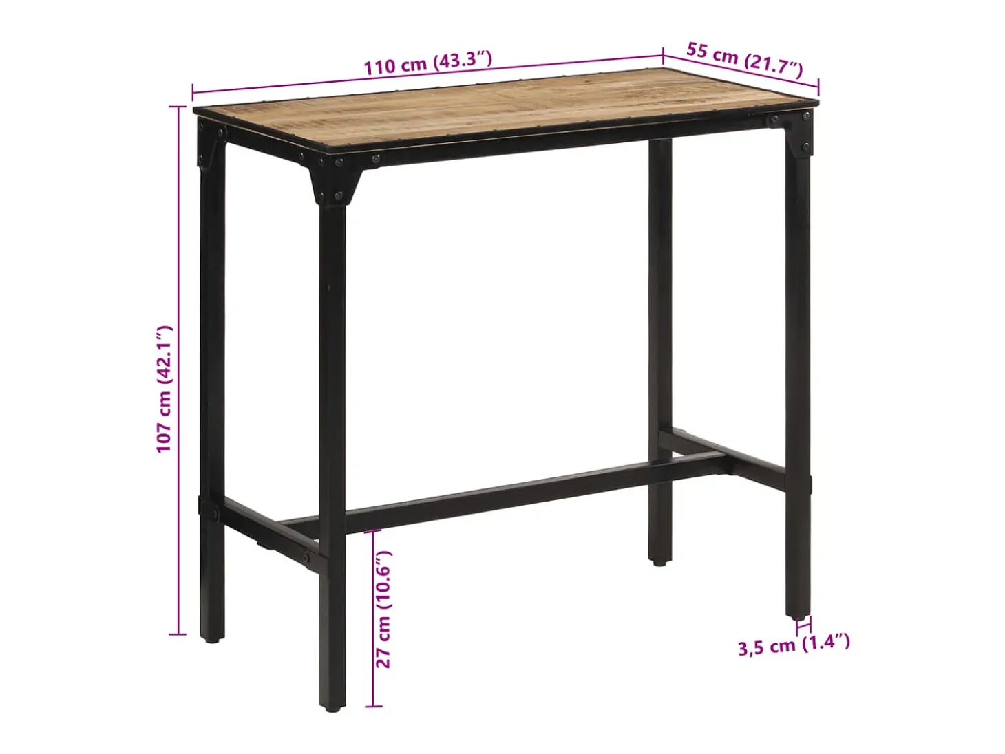 Mesa de bar madera maciza de mango rugoso 110x55x107 cm