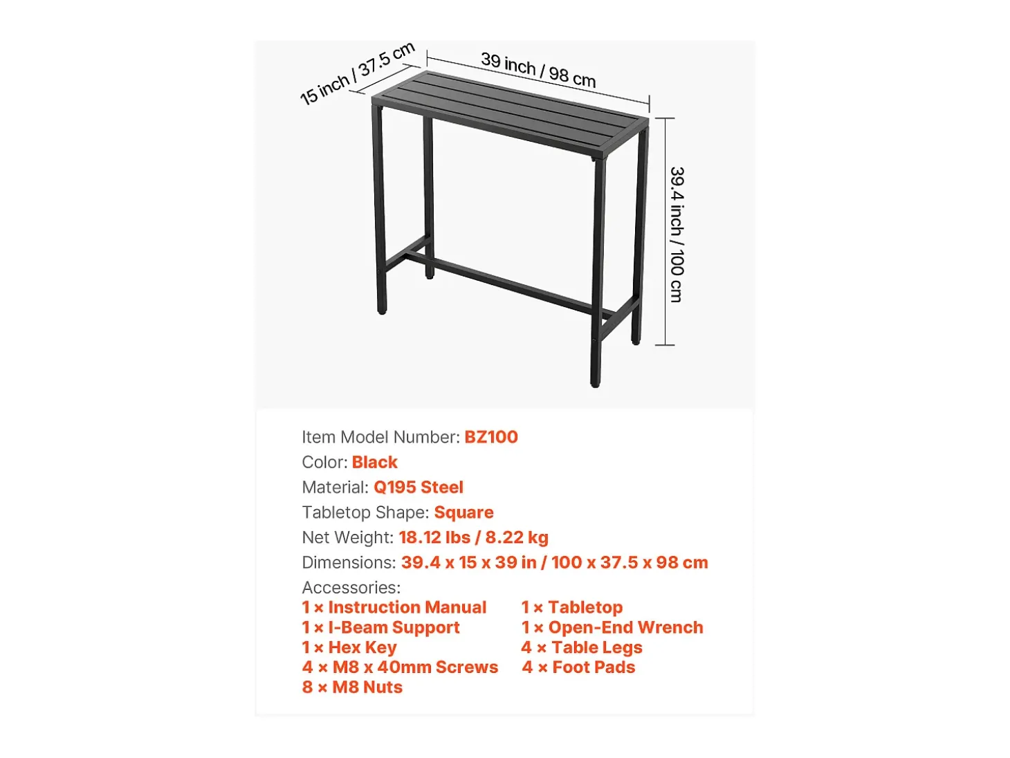 Mesa de Bar SucceBuy Alta Exterior, 100 x 37,5 cm, Mesa de Comedor Rectangular, con Tablero Impermeable, Estructura de Metal Robusta, Muebles de Jardín