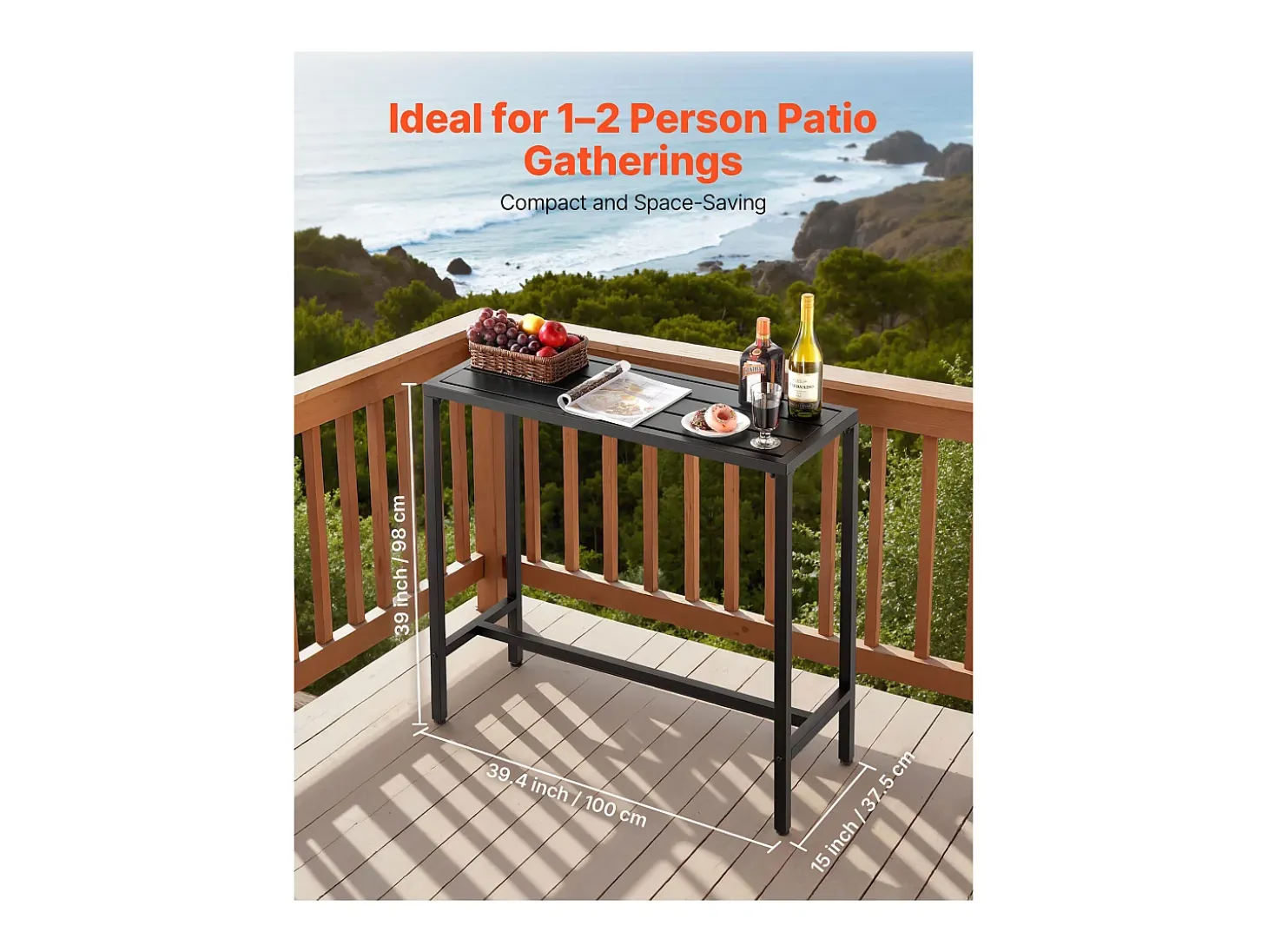 Mesa de Bar SucceBuy Alta Exterior, 100 x 37,5 cm, Mesa de Comedor Rectangular, con Tablero Impermeable, Estructura de Metal Robusta, Muebles de Jardín