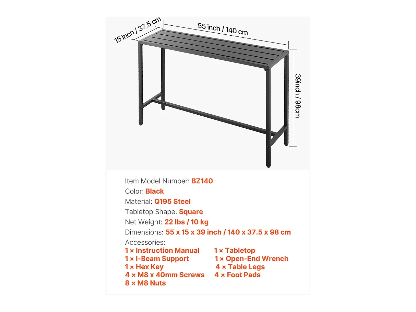 Mesa de Bar SucceBuy Alta Exterior, 140 x 37,5 cm, Mesa de Comedor Rectangular, con Tablero Impermeable, Estructura de Metal Robusta, Muebles de Jardín