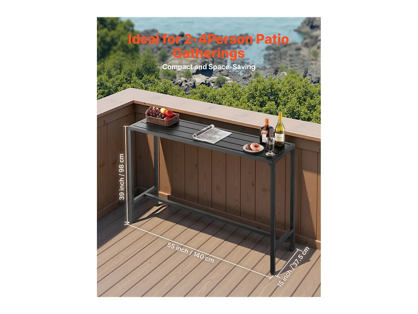 Mesa de Bar SucceBuy Alta Exterior, 140 x 37,5 cm, Mesa de Comedor Rectangular, con Tablero Impermeable, Estructura de Metal Robusta, Muebles de Jardín