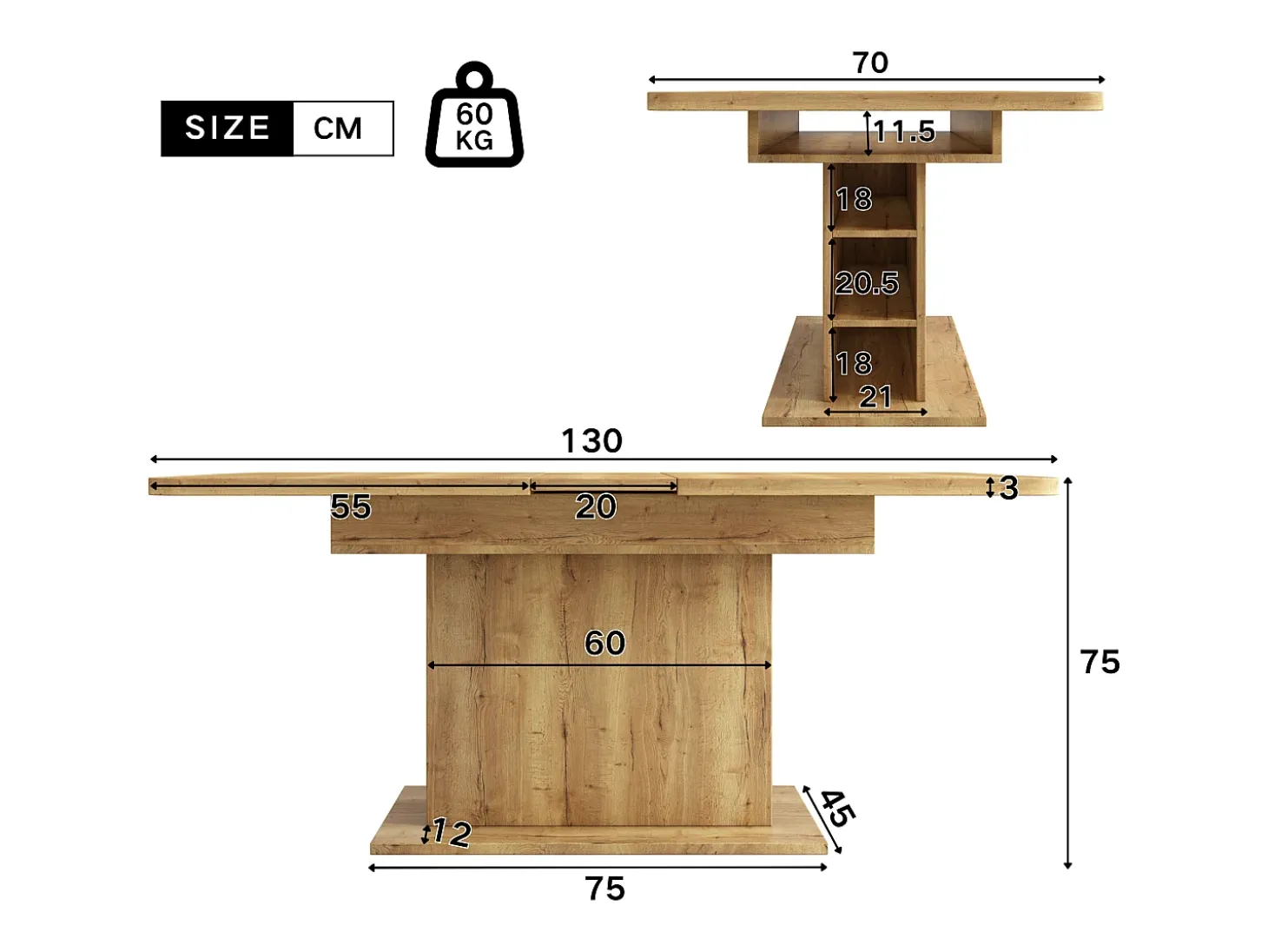 Mesa de centro elevable para 4-6 personas - patas de madera - color natural claro (130x70x75 cm)