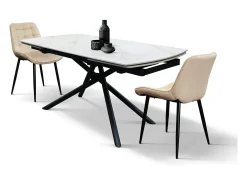 Mesa de cerámica blanca, base de metal negro, extensible 140x90-200x90 cm - BONIFACIO