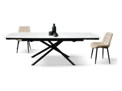 Mesa de cerámica blanca, base de metal negro, extensible 140x90-200x90 cm - BONIFACIO