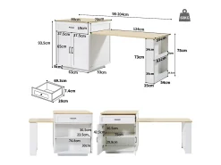 Mesa de cocina extensible con almacenaje, 2 cajones y 2 compartimentos, MDF, blanco (133-202x70x93,5 cm)
