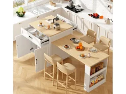Mesa de cocina extensible con almacenaje, 2 cajones y 2 compartimentos, MDF, blanco (133-202x70x93,5 cm)