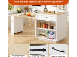 Mesa de cocina extensible con almacenaje, 2 cajones y 2 compartimentos, MDF, blanco (133-202x70x93,5 cm)