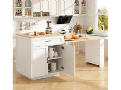 Mesa de cocina extensible con almacenaje, 2 cajones y 2 compartimentos, MDF, blanco (133-202x70x93,5 cm)