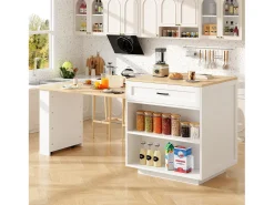 Mesa de cocina extensible con almacenaje, 2 cajones y 2 compartimentos, MDF, blanco (133-202x70x93,5 cm)