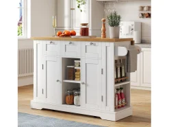 Mesa de cocina móvil con superficie plegable, estilo rústico, con almacenaje multifuncional, especiero y enchufe integrado (132x70x87 cm)