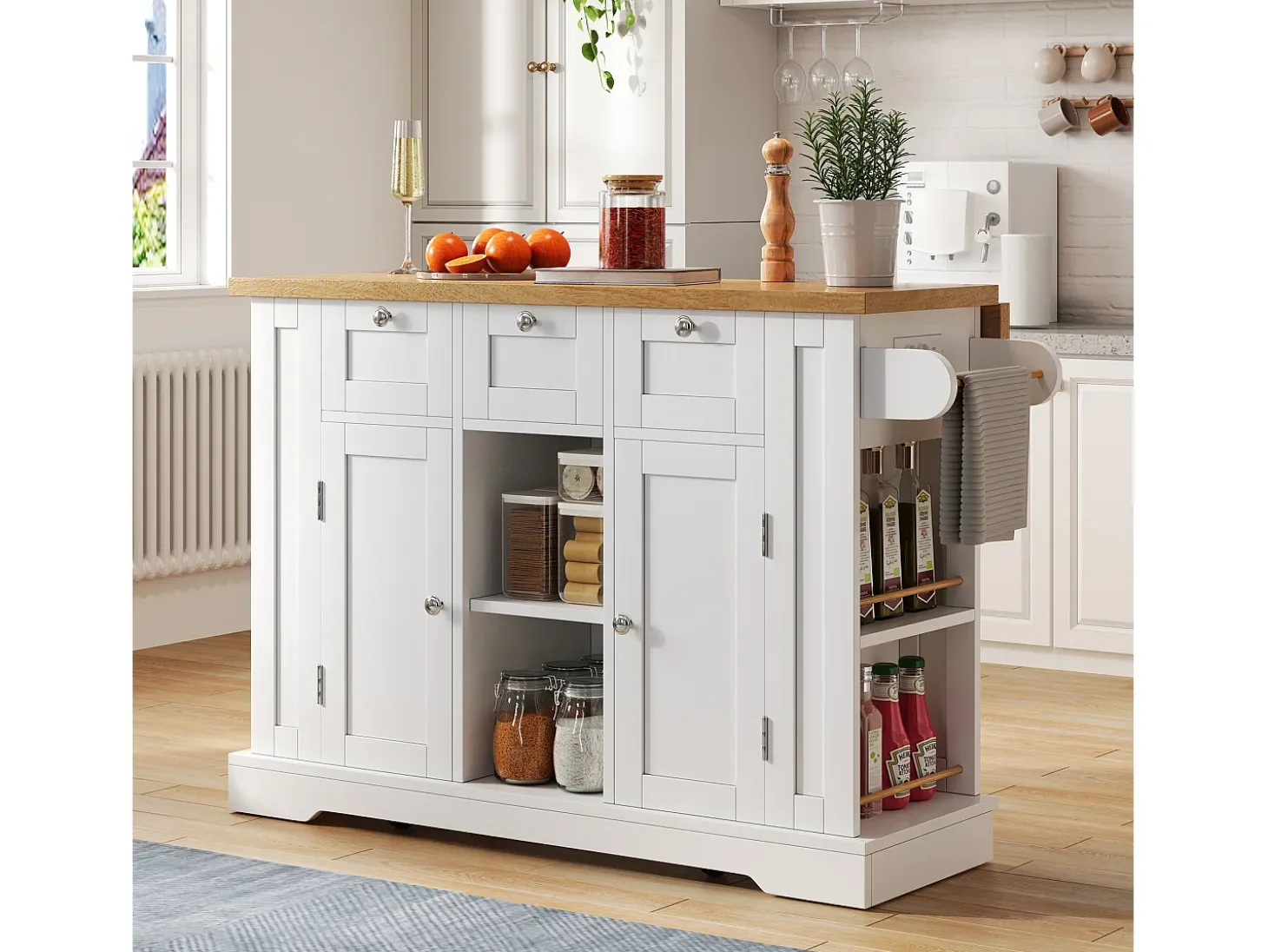 Mesa de cocina móvil con superficie plegable, estilo rústico, con almacenaje multifuncional, especiero y enchufe integrado (132x70x87 cm)