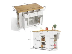 Mesa de cocina móvil con superficie plegable, estilo rústico, con almacenaje multifuncional, especiero y enchufe integrado (132x70x87 cm)