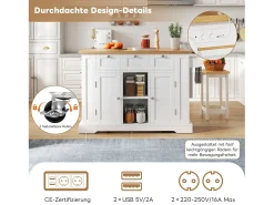 Mesa de cocina móvil con superficie plegable, estilo rústico, con almacenaje multifuncional, especiero y enchufe integrado (132x70x87 cm)