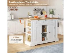 Mesa de cocina móvil con superficie plegable, estilo rústico, con almacenaje multifuncional, especiero y enchufe integrado (132x70x87 cm)