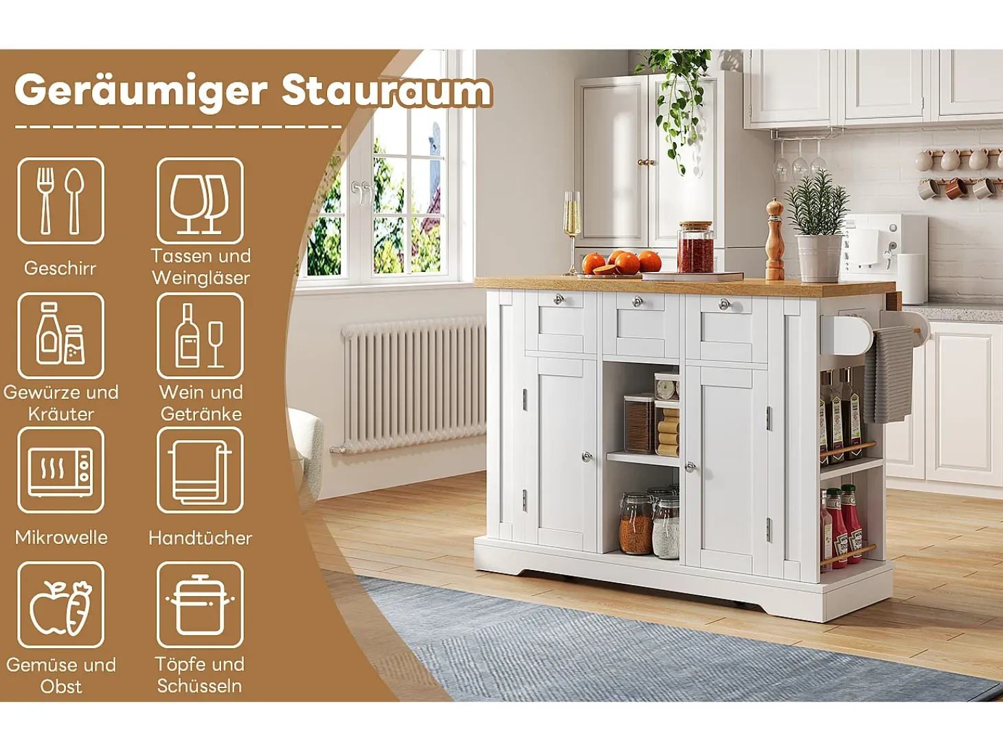 Mesa de cocina móvil con superficie plegable, estilo rústico, con almacenaje multifuncional, especiero y enchufe integrado (132x70x87 cm)