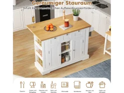 Mesa de cocina móvil con superficie plegable, estilo rústico, con almacenaje multifuncional, especiero y enchufe integrado (132x70x87 cm)