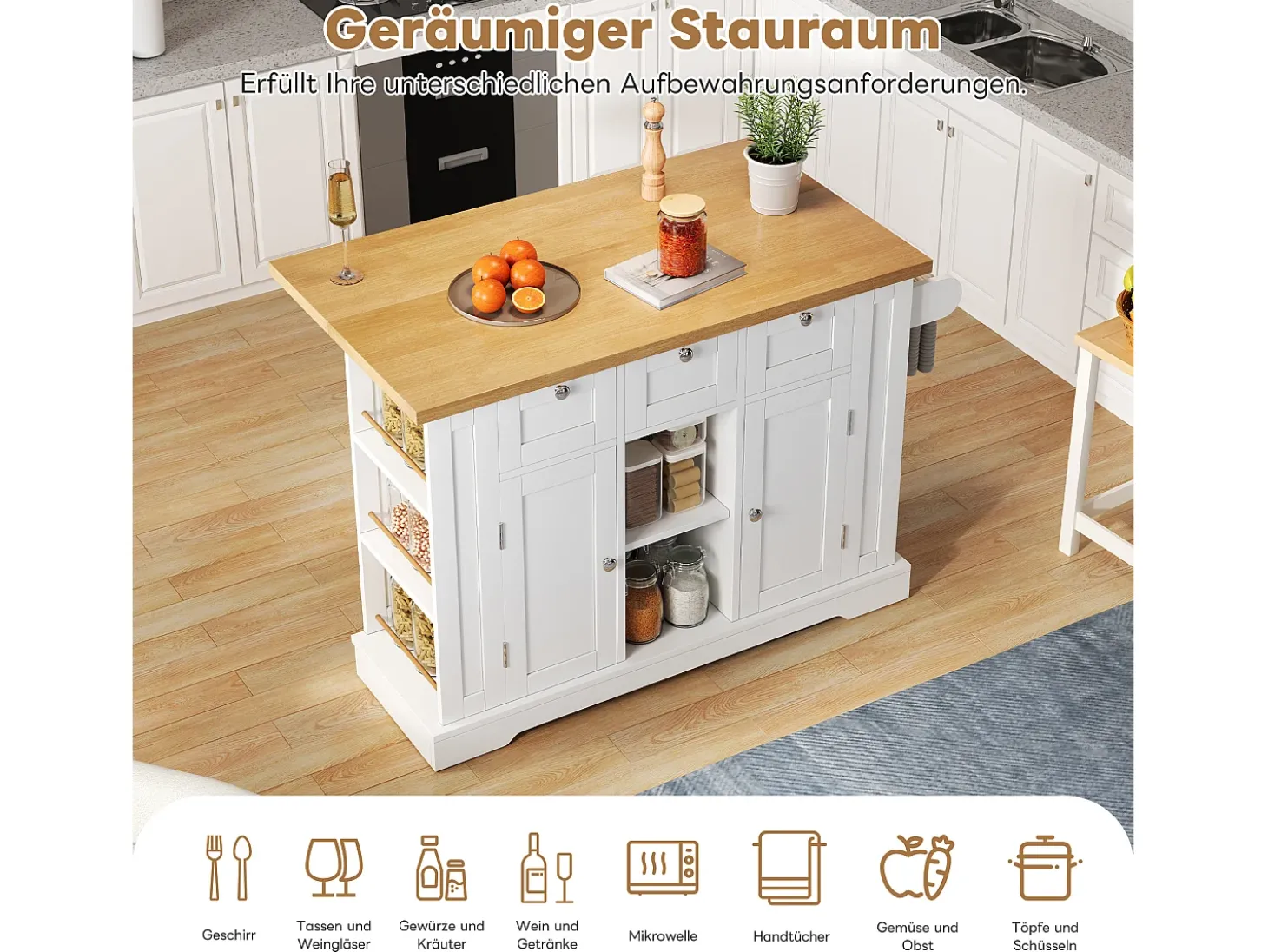 Mesa de cocina móvil con superficie plegable, estilo rústico, con almacenaje multifuncional, especiero y enchufe integrado (132x70x87 cm)