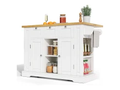 Mesa de cocina móvil con superficie plegable, estilo rústico, con almacenaje multifuncional, especiero y enchufe integrado (132x70x87 cm)