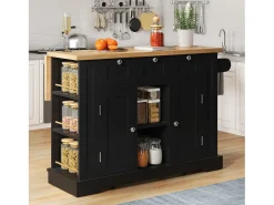 Mesa de cocina móvil, estilo rústico, superficie plegable, almacenamiento multifuncional, estantes, ruedas (132x70x87 cm)