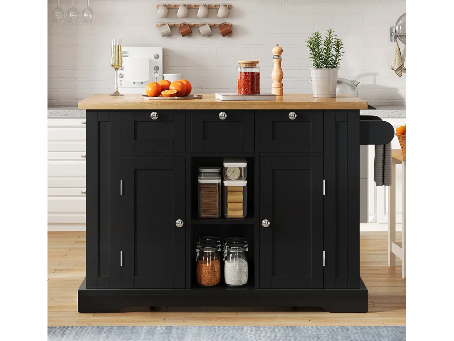 Mesa de cocina móvil, estilo rústico, superficie plegable, almacenamiento multifuncional, estantes, ruedas (132x70x87 cm)