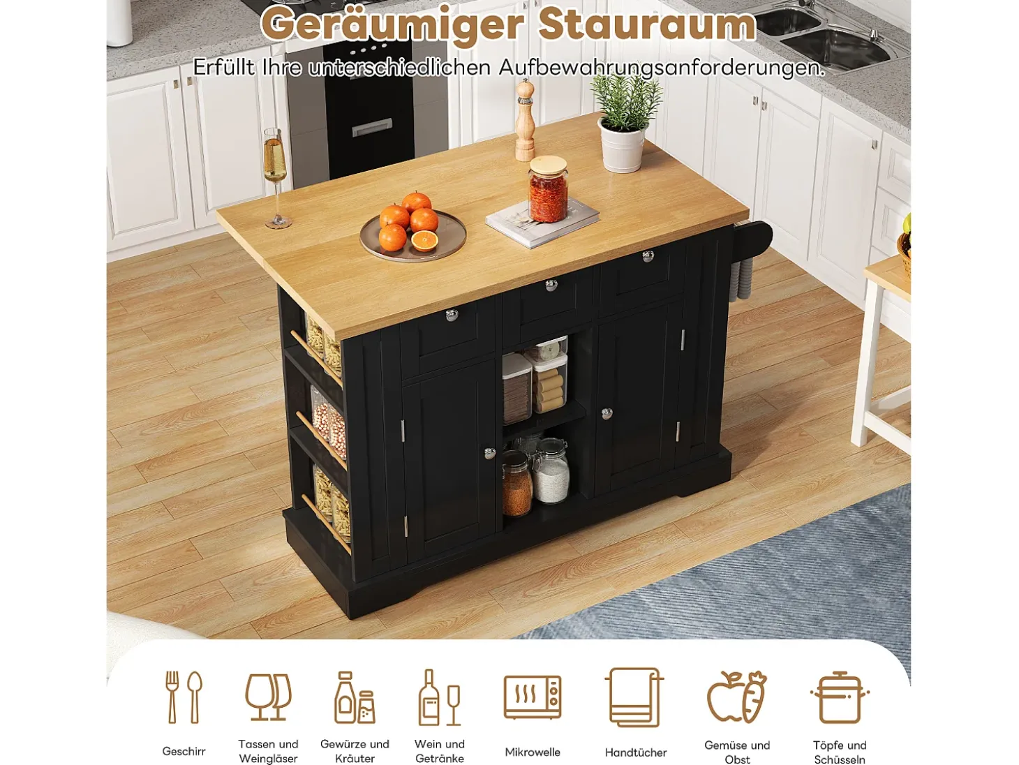 Mesa de cocina móvil, estilo rústico, superficie plegable, almacenamiento multifuncional, estantes, ruedas (132x70x87 cm)