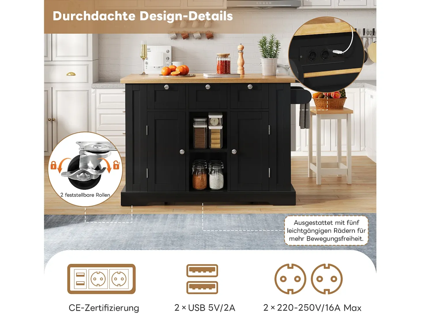 Mesa de cocina móvil, estilo rústico, superficie plegable, almacenamiento multifuncional, estantes, ruedas (132x70x87 cm)