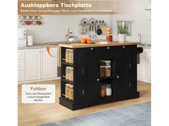 Mesa de cocina móvil, estilo rústico, superficie plegable, almacenamiento multifuncional, estantes, ruedas (132x70x87 cm)