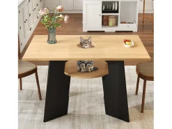 Mesa de comedor 130×85×75 cm - con agujero para gato - tablero de almacenamiento - para 6 personas - negro y natural