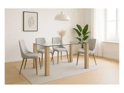 Mesa de Comedor – 140x90x76 cm, Tapa de Cristal Templado 10 mm, Patas Metálicas en Acabado Roble, Diseño Moderno y Elegante