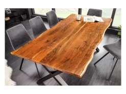 Mesa de comedor ARKAYA 180 cm – Tablero de acacia barnizado y patas cruzadas de metal negro – Diseño industrial natural