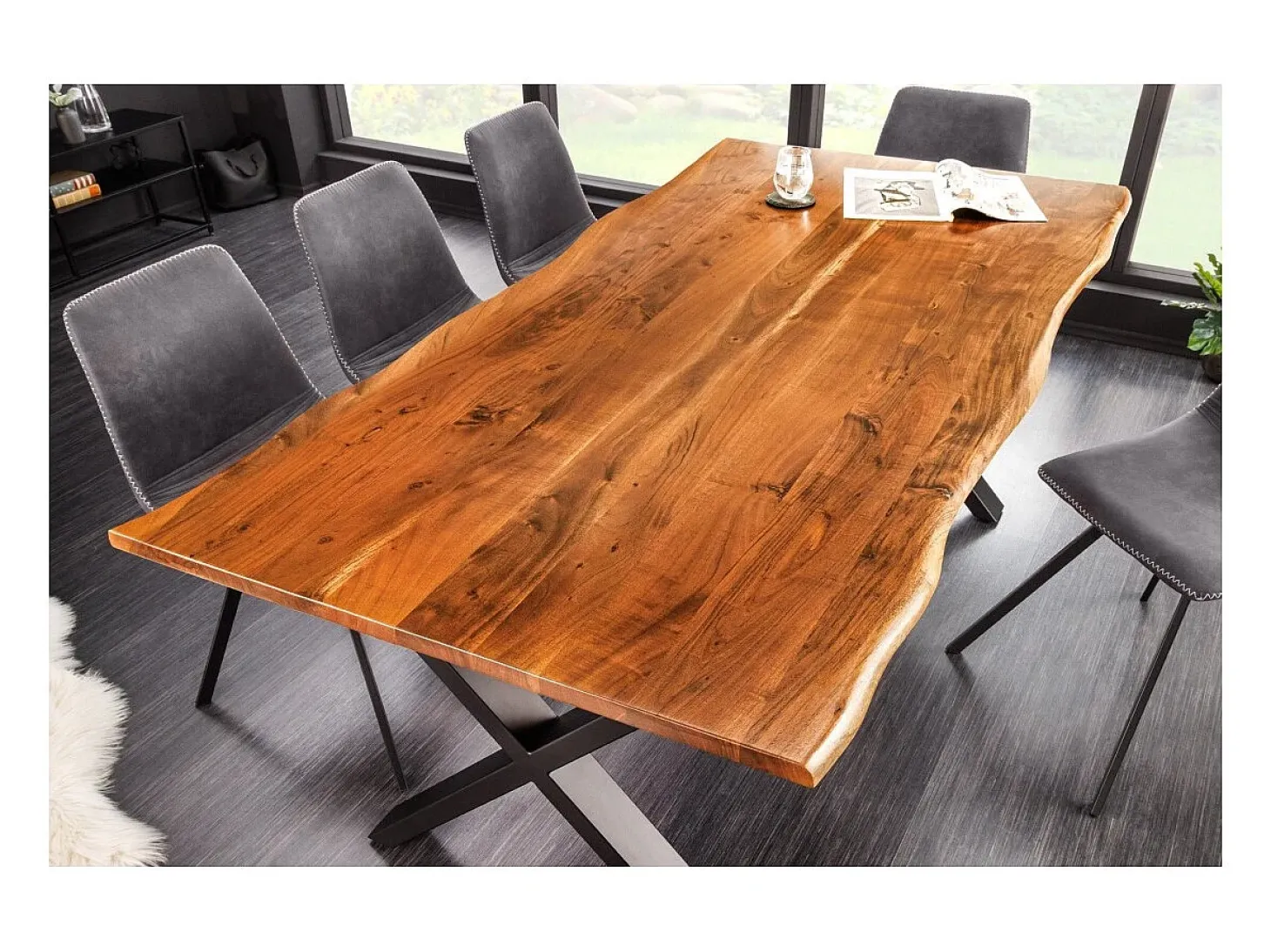 Mesa de comedor ARKAYA 180 cm – Tablero de acacia barnizado y patas cruzadas de metal negro – Diseño industrial natural