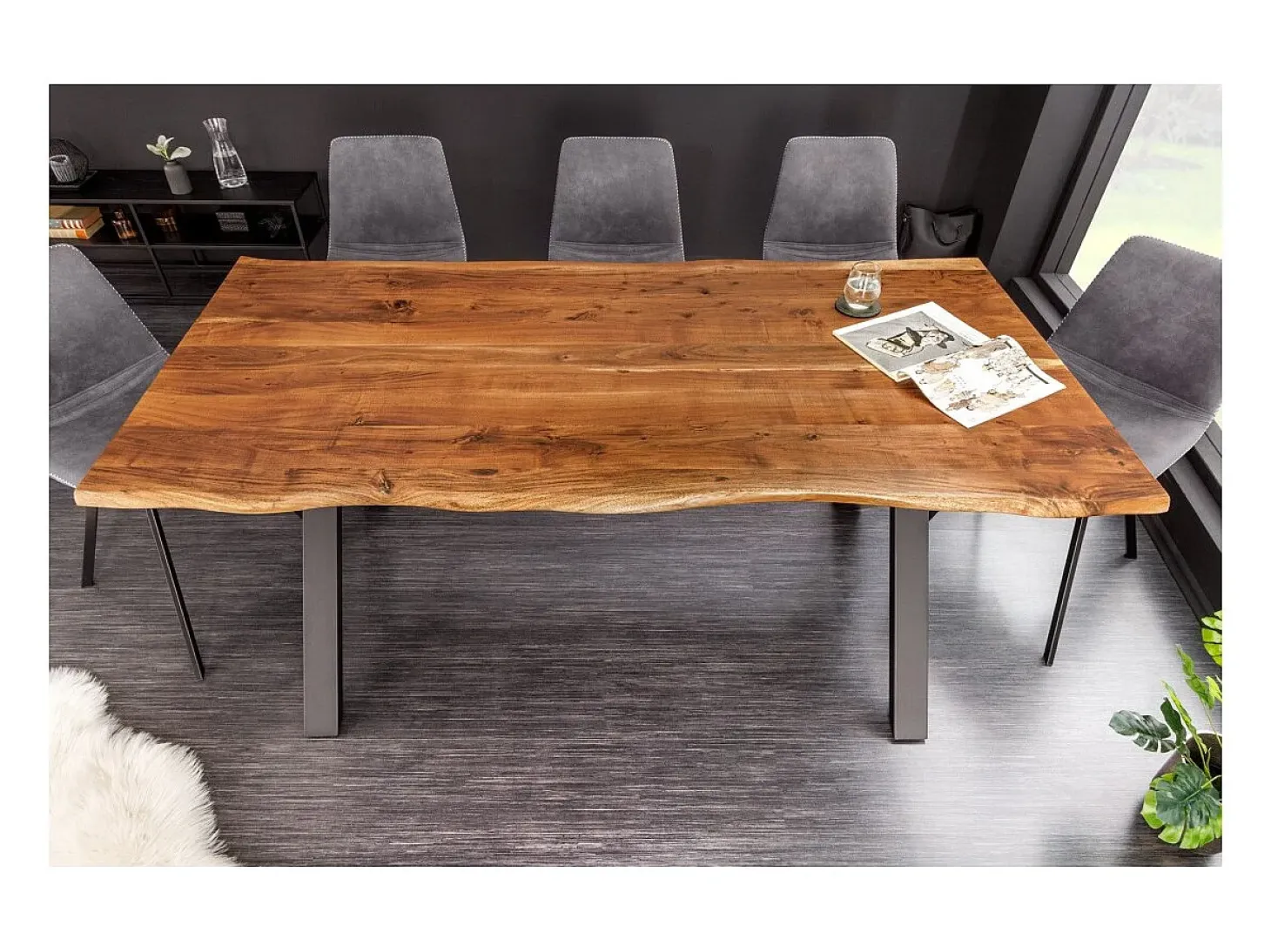 Mesa de comedor ARKAYA 180 cm – Tablero de acacia barnizado y patas cruzadas de metal negro – Diseño industrial natural